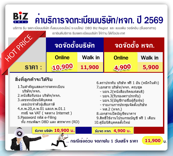 จดทะเบียนบริษัทราคา